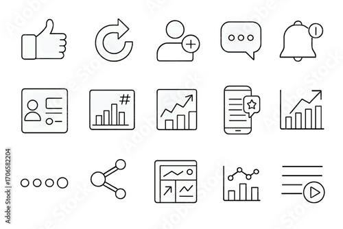 Communication, social media, analytics line icon set for networking and engagement