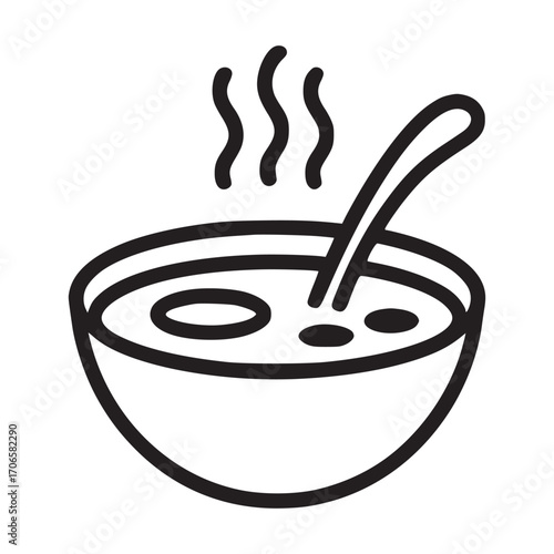 Vector art of minimalist line art of a bowl of soup with steam and a spoon, ideal for restaurant menus, food blogs, or culinary design projects