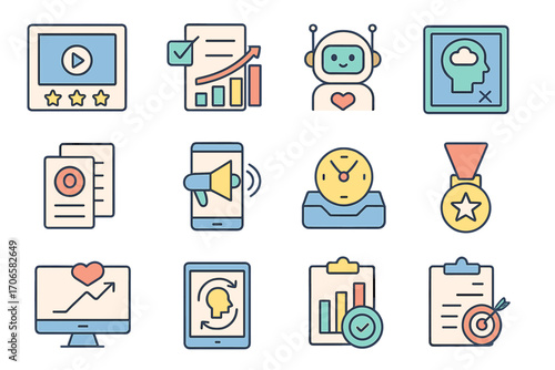 Business and marketing outline icon set. growth, strategy, analytics, report icons