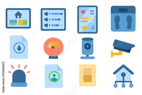 Smart home control flat icon set. automation, security, device management icons collection