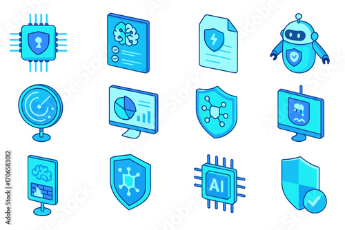 Technology, security flat icon set. innovation, data protection icons for digital projects