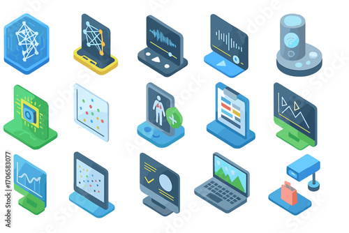 Technology, science 3d icon set. innovation, digital, data visualization icons collection