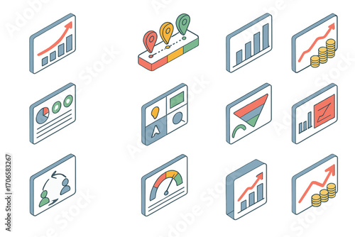 Data visualization icon set. analytics, charts, graphs in 3d styles for presentations