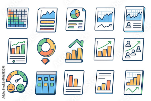 Finance charts and graphs icon set. analytical, data, and stats collection in line style