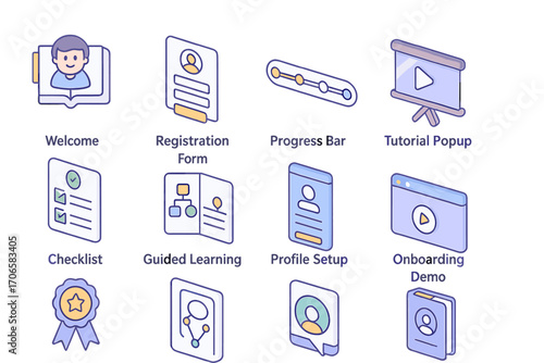 User interface flat icon set. tutorial, profile, onboarding collection