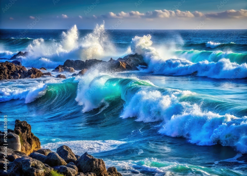 Fototapeta premium Deep blue ocean waves crashing against rocky shores