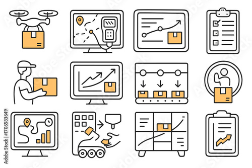 Delivery and logistics outline icon set. shipping, navigation, package tracking icons