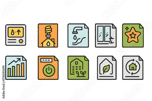 Energy and home efficiency icon set. sustainable technologies in flat style
