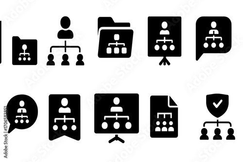 Business organization silhouette icon set. corporate, management, structure icons