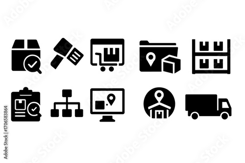 E-commerce, logistics silhouette icon set. shopping, delivery symbols collection
