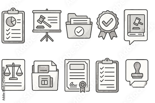 Legal, justice outline icon set. law, court, contract icons collection