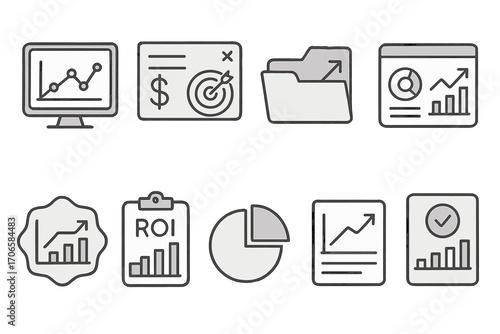 Business and finance line icon set: analytics, roi, growth line graphics