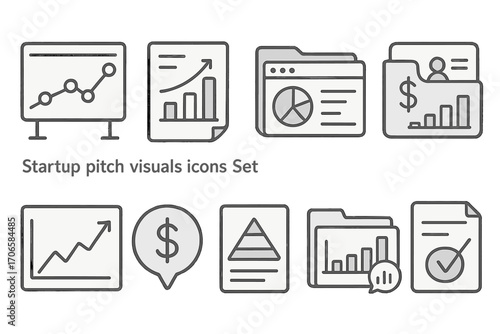 Startup pitch visuals icon set: charts, documents, financial outline collection