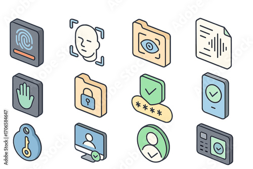 Security and privacy flat icon set. password, authentication, verification tools collection