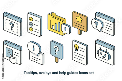 Tooltips and help guides icon set. isometric, overlays, and notification icons.