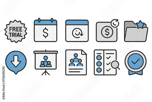Business and finance outline icon set. productivity, management, and planning icons