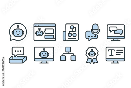 Chatbot, ai flat icon set. communication, technology, digital interface icons