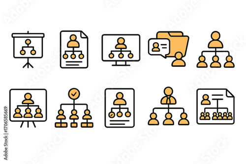 Business organization outline icon set. team, structure, management linear collection