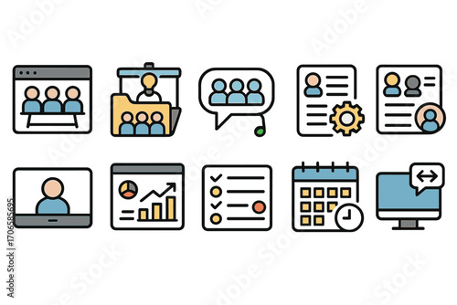 Communication and networking flat icon set: group chat, meeting, collaboration symbols