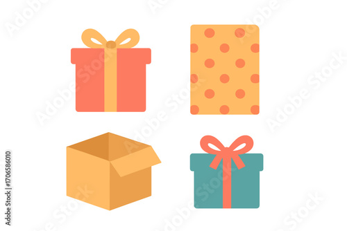 Gift box flat icon set. present, decoration, packaging icons flat collection