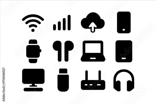 Technology, devices solid icon set. gadgets, connectivity, internet icons collection