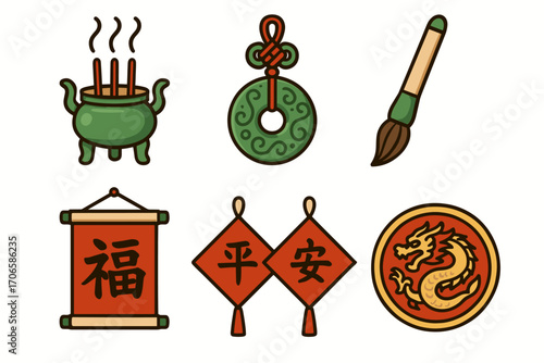 Chinese culture icon set. traditional symbols in vibrant flat style collection
