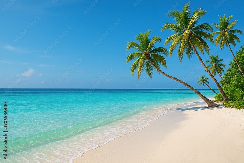 Obraz premium Tropical Paradise Beach With Swaying Palm Trees Over Turquoise Ocean Water