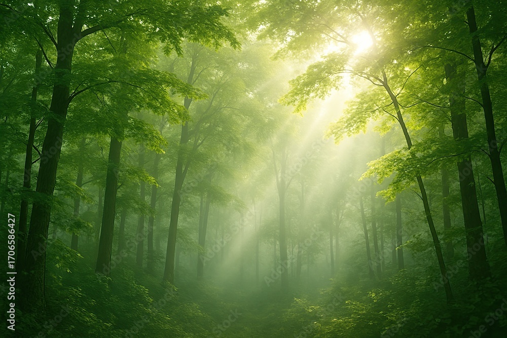 Obraz premium Sunlight filtering through lush green forest canopy creating an ethereal atmosphere and inspiring peace