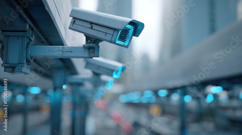 Vigilant Urban Surveillance - Dual CCTV Cameras with Striking Blue Glow in Modern City.