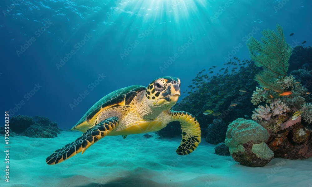 Obraz premium Sea turtle swimming in sunlit underwater scene