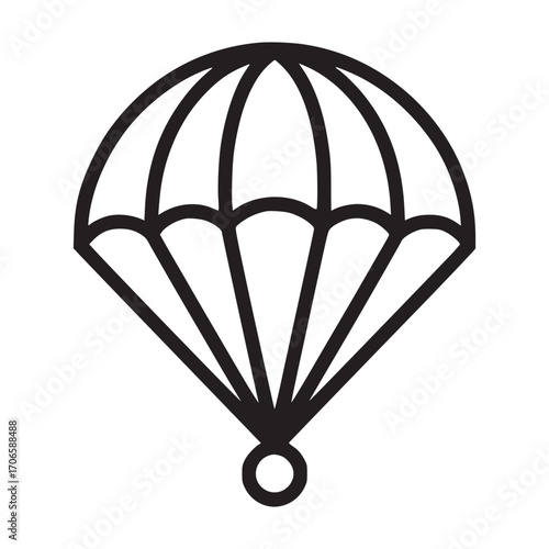 Illustration of a parachute icon the parachute has a rounded canopy with several sections and a small circle at the bottom, representing the harness or attachment point the style is simple and clean