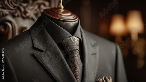 Black suit displayed on vintage wooden hanger in minimal boutique setting, moody cinematic light, refined atmosphere