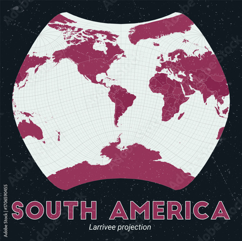 South America. World map. Larrivee projection centered to South America. Pale Mint Dark Pink palette. Vintage texture. Alive vector illustration.