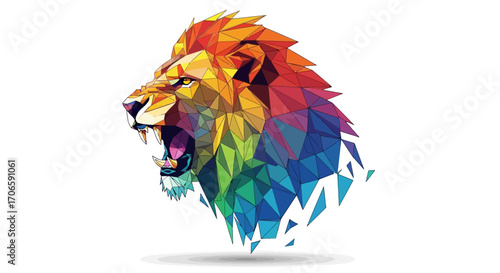 Abstract vector art of a snarling lion's head morphing into a complex geometric pattern, vibrant colors, low poly style, isolated on white background.