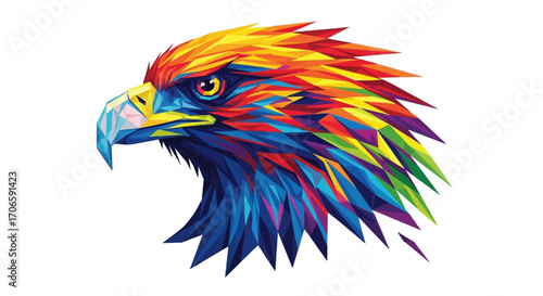 Abstract vector art of a eagle's head morphing into a complex geometric pattern, vibrant colors, low poly style, isolated on white background.