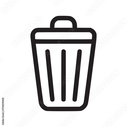 Illustration of a trash can the icon is black and simple, depicting a container with a lid and vertical lines, symbolizing waste management and disposal in a clean, minimalist style