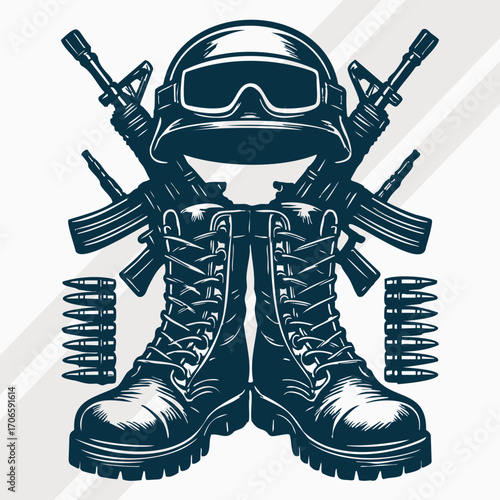 Military soldier emblem featuring helmet, rifles, boots, and springs for tactical apparel and gear design, Veterans Day SVG, soldier SVG, Military SVG
