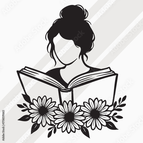 Silhouette of a woman with her hair in a bun reading a book surrounded by daisies and leaves