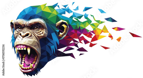 Abstract vector art of a snarling monkey's head morphing into a complex geometric pattern, vibrant colors, low poly style, isolated on white background.
