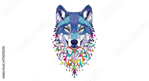 Abstract vector art of a wolf's head morphing into a complex geometric pattern, vibrant colors, low poly style, isolated on white background.