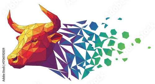 Abstract vector art of a bull's head morphing into a complex geometric pattern, vibrant colors, low poly style, isolated on white background.