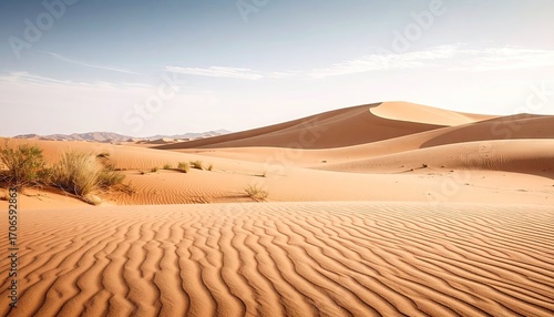 Fototapeta Naklejka Na Ścianę i Meble -  Desert Landscape with Rolling Sand Dunes under a Clear Sky