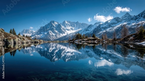 Wallpaper Mural Majestic Snow-Capped Mountains Reflected in a Serene Alpine Lake Under a Vibrant Blue Sky. Torontodigital.ca