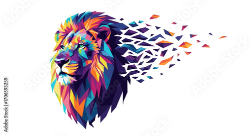 Abstract vector art of a lion's head morphing into a complex geometric pattern, vibrant colors, low poly style, isolated on white background.