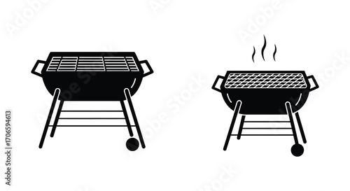 two barbecue grills one with smoke rising from it