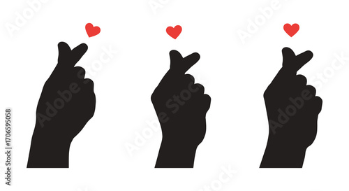 three hands making fingers crossed gesture with hearts above