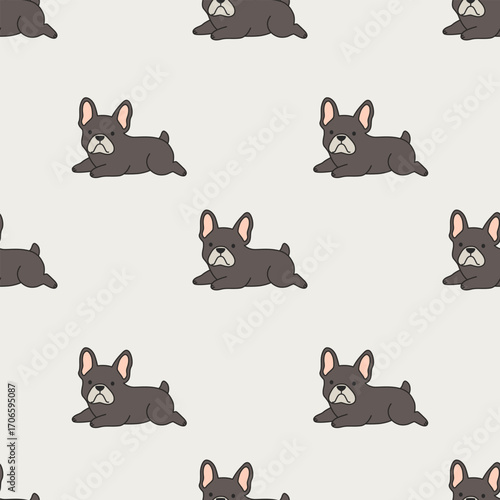 Cute cartoon French bulldog seamless pattern on a light background. 