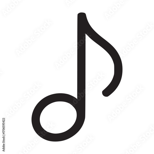 Illustration of a musical note, the note is a simple, clean design, with a round head and a curved stem it represents music, melody, and sound
