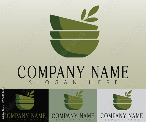 An illustration showing three stacked bowls with a leafy green sprig emerging from the top one.