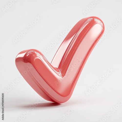 A glossy, coral-pink checkmark symbol, three-dimensional and slightly tilted, rests on a stark white background, casting a subtle shadow